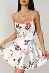 Robe mini-spagnouillère sexy à imprimé de Noël avec cordon de serrage et dos nu