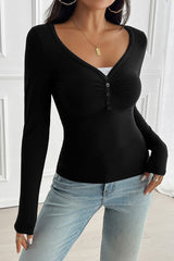 Button Detail Lace Trim V-Neck Long Sleeve Tee
