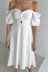 Robe midi en coton à épaules dénudées et manches bouffantes