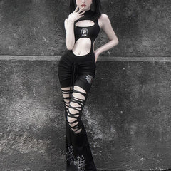 Pantalon décontracté style rétro gothique américain à micro-trous en corne