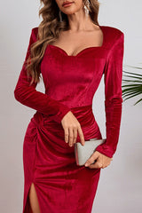 Elegant Long Sleeve Ruched Velvet Slit Fitted Waist Party Dress
