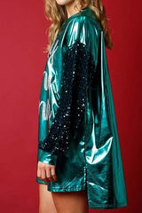 Sleeve Paneled Crew Neck Printed Sequin Dress