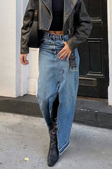 Jupe trapèze en denim bleu à ourlet brut