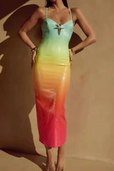 Robe midi à fines bretelles et sequins dégradés