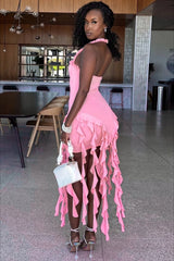 Robe mini dos nu à volants et patchwork