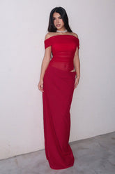 Robe longue à épaules dénudées en tulle froncé à empiècements et découpes