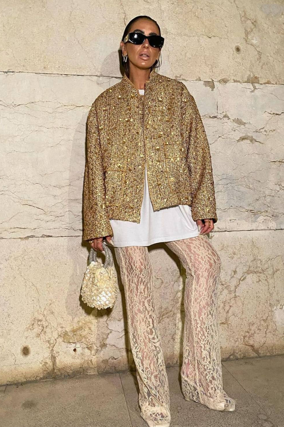 Gold 3D Sequin Embroidered Wool Blend Pocket Coat