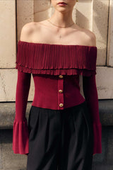 T-shirt à manches longues, froncé et boutonné, à épaules dénudées, avec empiècements