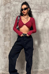 T-shirt bustier court sexy rayé à manches longues