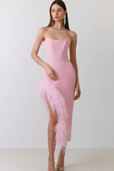 Robe midi bustier à plumes