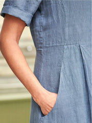 V Neck Linen Button-Down Midi Dress with Pocket In Denim Blue