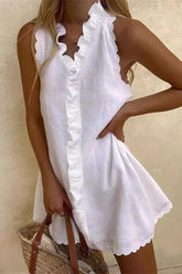 Robe courte en coton et lin à volants et col en V