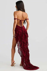 Robe midi à volants en dentelle et épaules dénudées