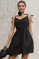 Black Linen V-Neck Cami Mini Dress