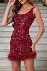 Elegant Feathered Slim Waisted Sleeveless Sequin Dress