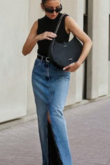 Jupe trapèze en denim bleu à ourlet brut