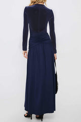 Deep V Ruched Long Sleeve Slit Fitted Waist Maxi Dress