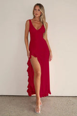 V-Neck Ruffled Slit Cami Midi Dress