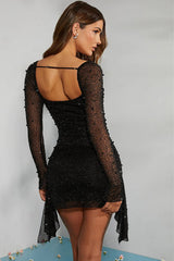 Sequined Beaded Square Neck Long Sleeve Bodycon Party Dress