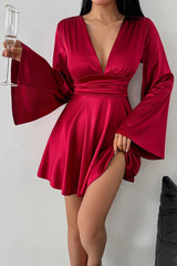 Solid V-neck Bow Snug Long-Sleeve Mini Dress