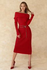 Robe pull à manches longues en maille de coton, col Bardot, épaules dénudées