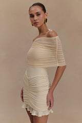 Ruched Ruffle Mesh Mini Dress