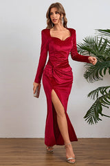 Elegant Long Sleeve Ruched Velvet Slit Fitted Waist Party Dress