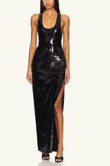 Elegant Sling Sleeveless U Neck Fitted Slit Sequin Dress