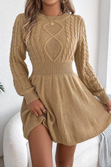 Solid Round Neck Chunk Cable Waisted Knit Mini Dress