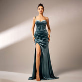 Advanced Spaghetti Straps Sleeveless Cocktail Velvet Sheath High Fork Evening Dress Bridesmaid