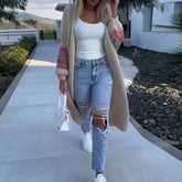 Manteaux longs d'automne et d'hiver à imprimé patchwork et pompons, col en V, maille côtelée, style lanterne