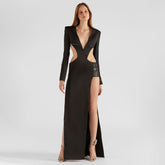 Black Cut out Rhinestone Dress Long Sleeve Split Slim Fit Dress Sexy