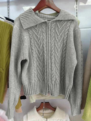 Twist lapel neck zip up cardigan