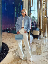 Manteaux décontractés bleus à sequins, col rond et manches longues