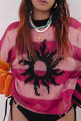 Pull délavé à rayures contrastées et patchwork