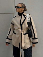 Contrast Woolen Belted Coat