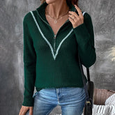 Fashion Color Blocked Retro Dark Green Zipper Half Open Christmas Sweater Sweaters-L