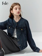 Vestes rétro courtes à col rond en denim foncé avec poches boutonnées et détails décoratifs