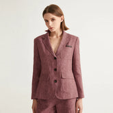 Blazer classique et intemporel en lin à simple boutonnage pour femme, idéal pour le bureau.