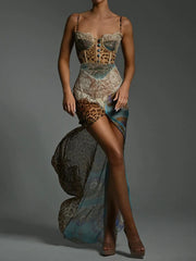 Robe maxi fendue à patchwork léopard