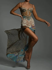 Robe maxi fendue à patchwork léopard