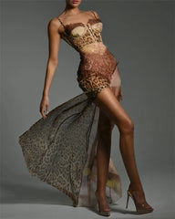 Robe maxi fendue à patchwork léopard