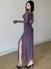 Robe midi fendue en résille