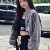 Nouvelle veste zippée hippie oversize en denim gris croisé