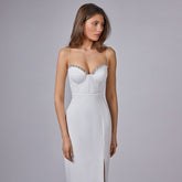 Sleeveless Mid-Waist White Solid Color Sling Simple Dress Metal Corsage Annual Party Evening Dress