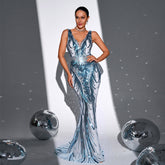 Strap Elegant V neck Long Sequined Cocktail Fishtail Evening Dress Bridesmaid Dress
