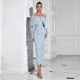 Robe élégante à bretelles dénudées, manches longues en jacquard et coutures en résille