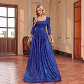 Sequin Blue Long Sleeved Evening Dress Slimming Elegant Cocktail Party Dress Bridesmaid