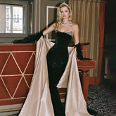 Drilling Strapless Dress with Gloves Black Dress