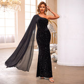 Robe longue de cocktail asymétrique à motif doré